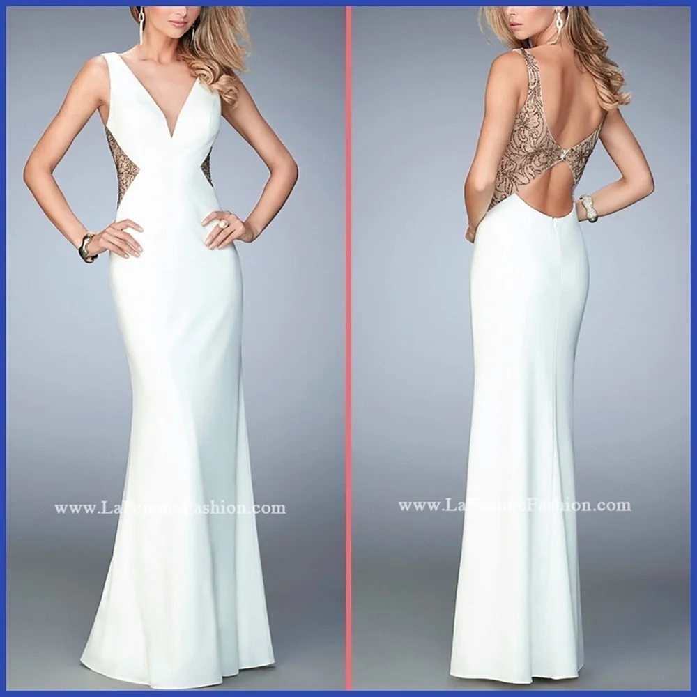 La Femme Stunning Ivory White Embellished Dress Gown